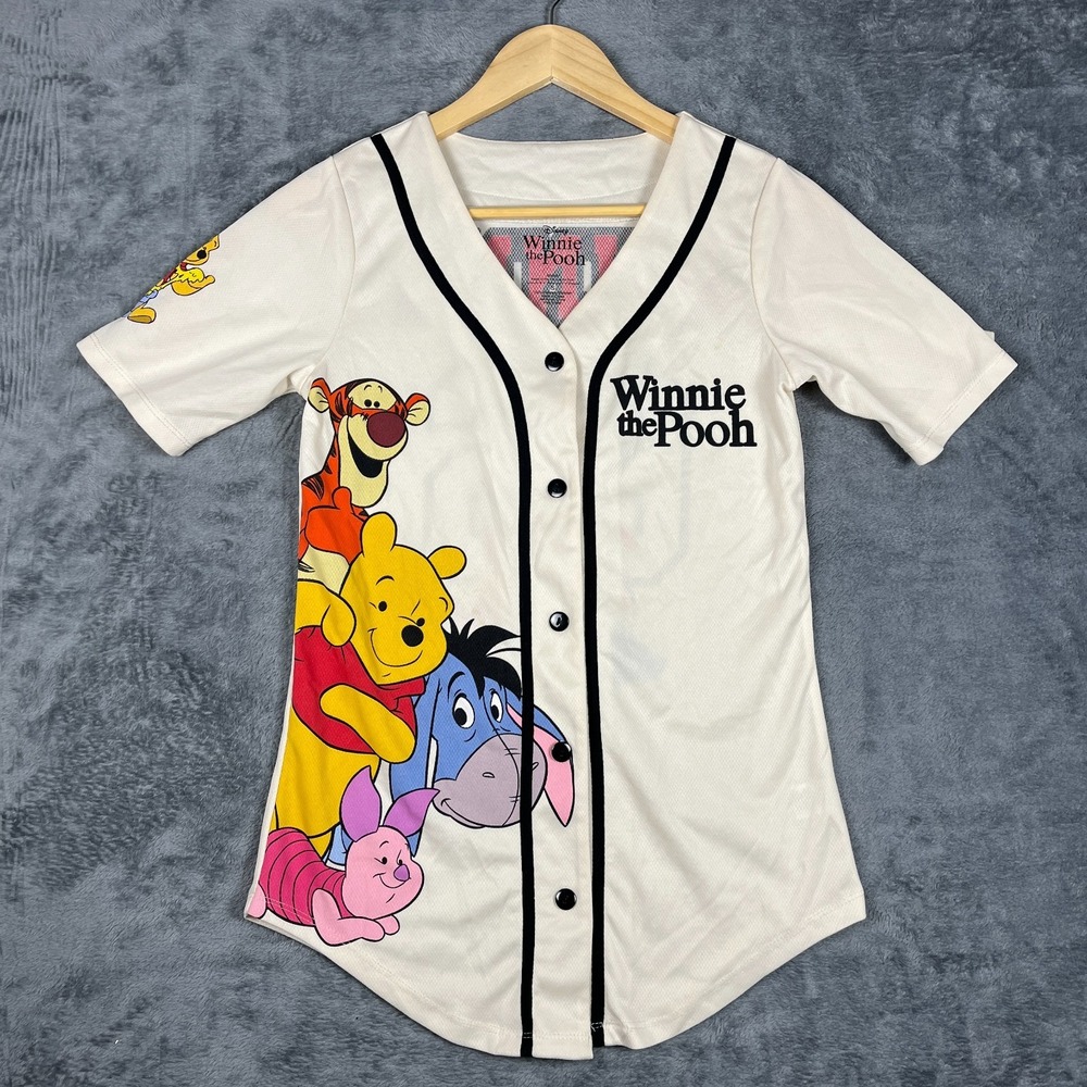 Disney Winnie The Pooh Baseball Jersey Women Small Beige Hunny #66 Friends Print